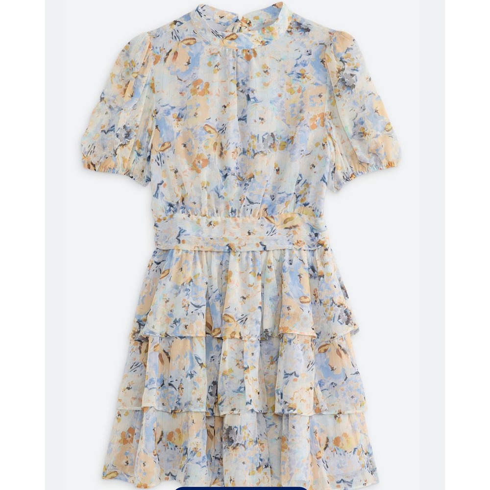 Lulus Libby Short Sleeve Mini Dress Light Blue Floral Tiered Ruffle Cutout Large